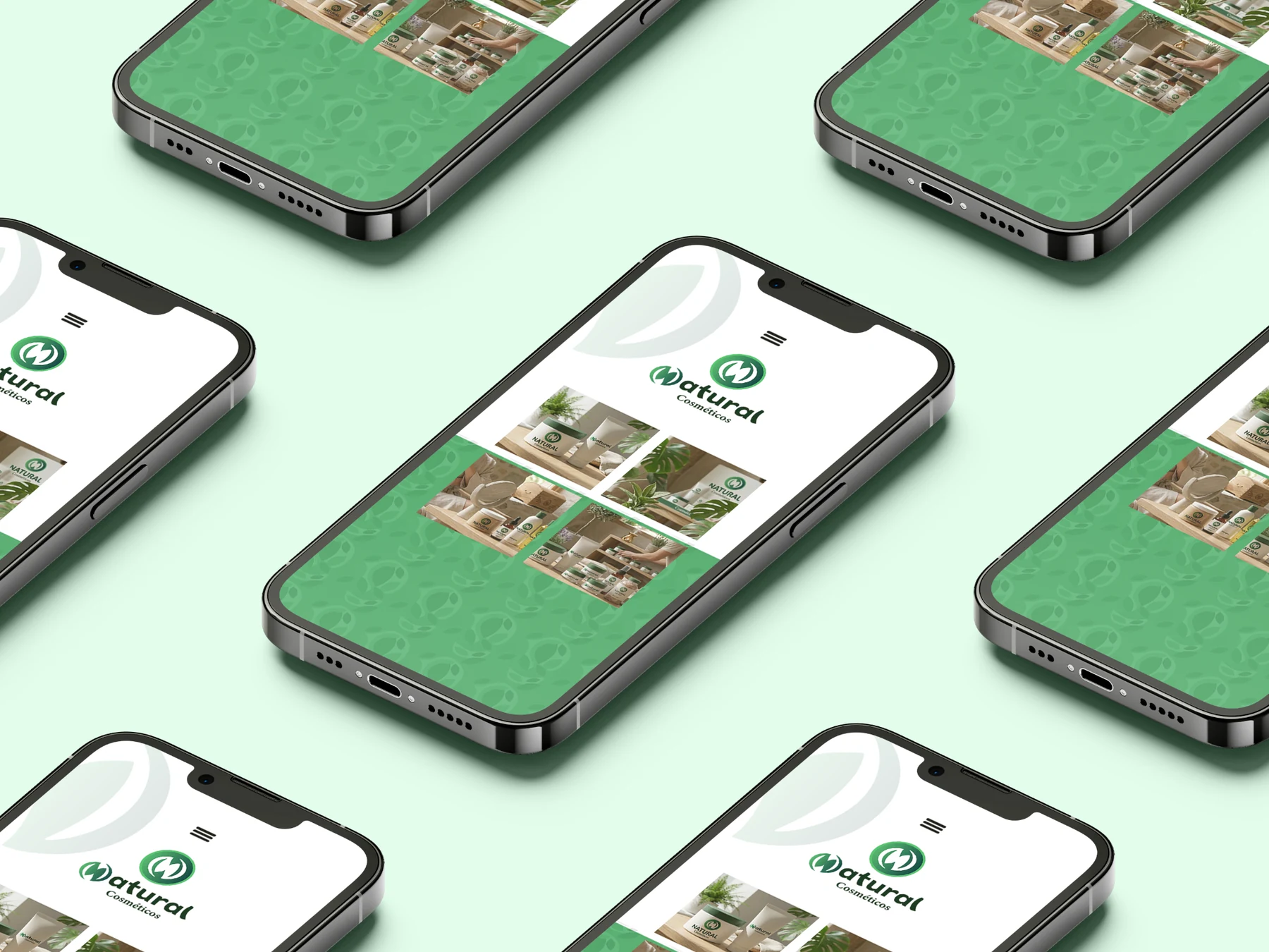 Aplicações digitais de Natural Cosméticos apresentadas em smartphones