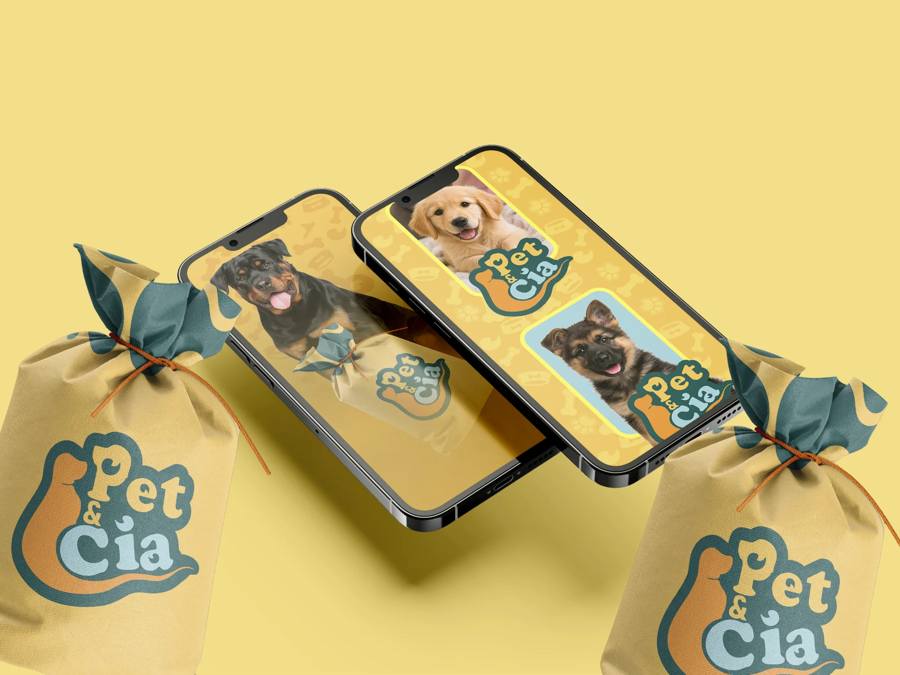Identidade Pet & Cia aplicada em smartphones e embalagens